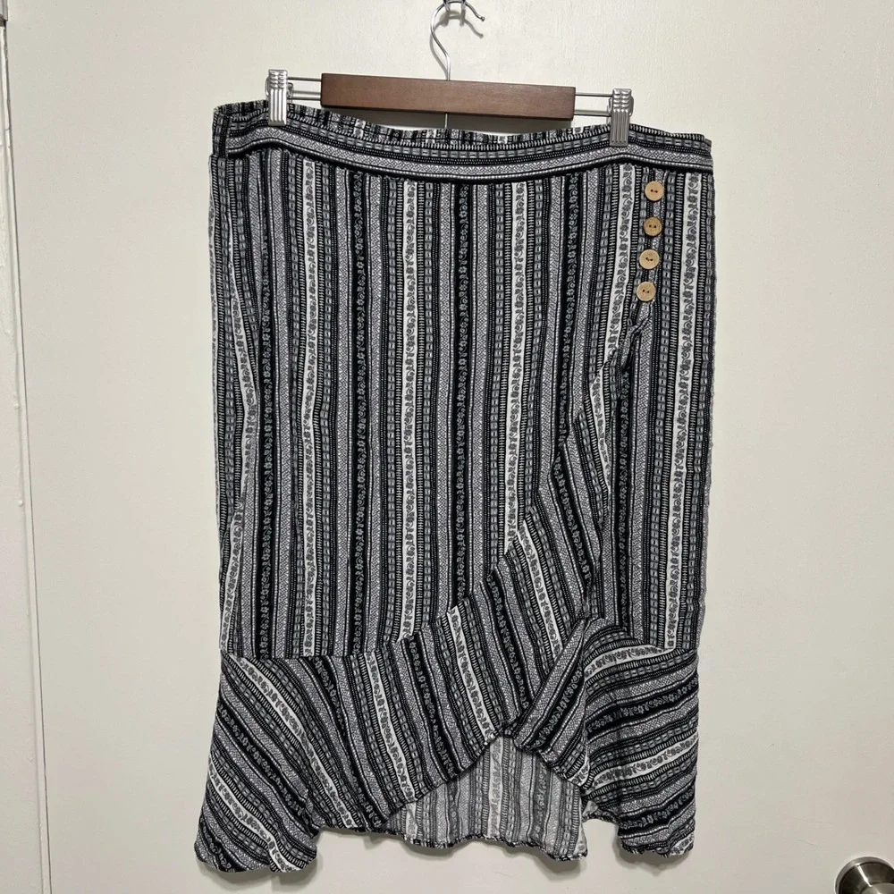 Alyx Womens Striped‎ Midi Skirt Size XL Black White Ruffle Hem Boho Festival